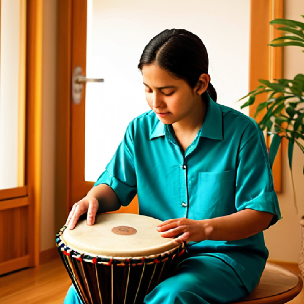 A reflective adult individual, fully clothed in modest, comfortable attire, gently playing a hand drum in a warm, inviting music therapy room. The room has soft lighting, sound-dampening panels, and a few healthy plants, creating a serene and calm atmosphere. The subject has a contemplative and peaceful expression, reflecting inner well-being and emotional processing through music. High-resolution, professional photography, soft focus, warm color palette, perfect anatomy, correct proportions, natural pose, well-formed hands, proper finger count. safe for work, appropriate content, fully clothed, modest, family-friendly.