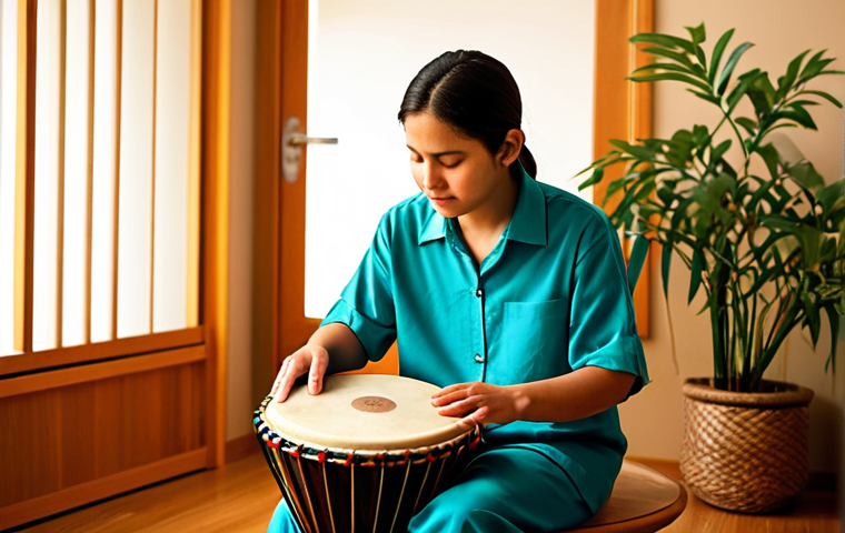 A reflective adult individual, fully clothed in modest, comfortable attire, gently playing a hand drum in a warm, inviting music therapy room. The room has soft lighting, sound-dampening panels, and a few healthy plants, creating a serene and calm atmosphere. The subject has a contemplative and peaceful expression, reflecting inner well-being and emotional processing through music. High-resolution, professional photography, soft focus, warm color palette, perfect anatomy, correct proportions, natural pose, well-formed hands, proper finger count. safe for work, appropriate content, fully clothed, modest, family-friendly.