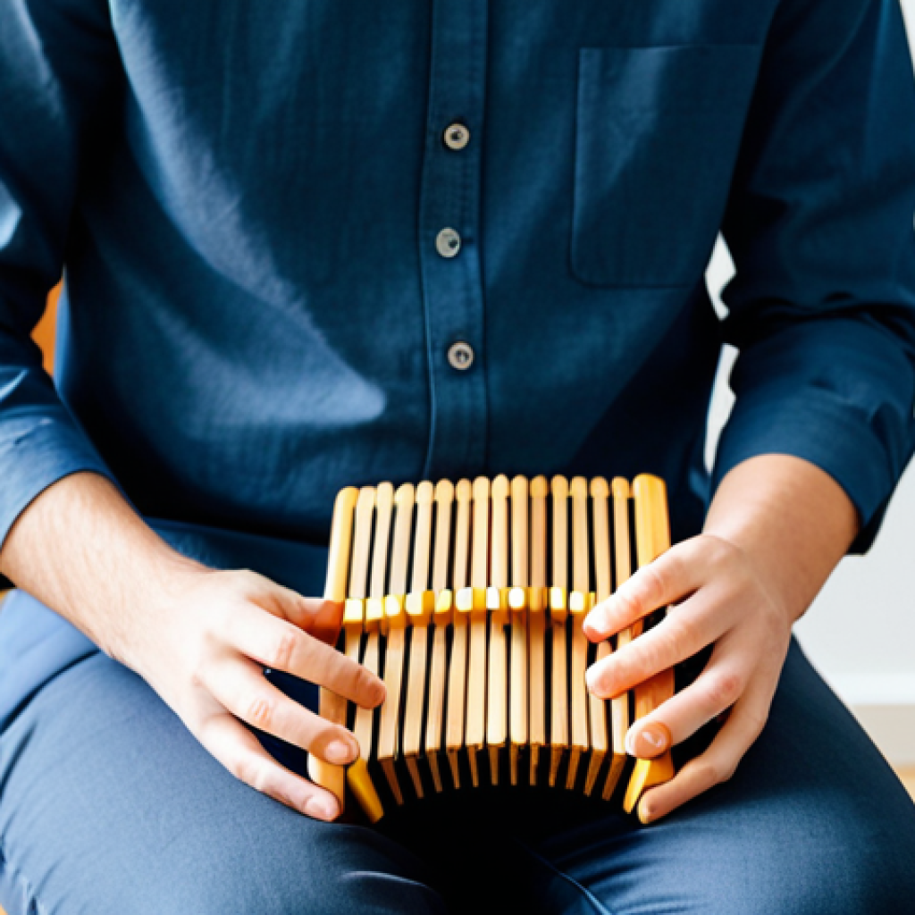 음악테라피사 기술 연마 - **Image Prompt:** A music therapist, fully clothed in professional attire, playing a kalimba for a y...