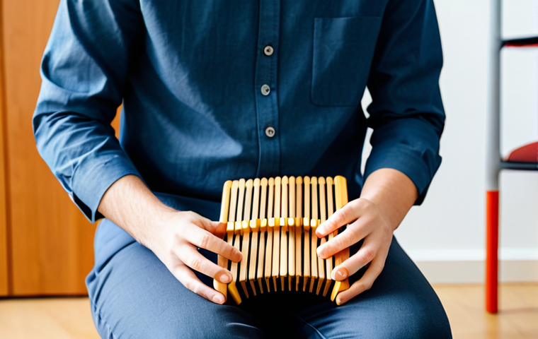음악테라피사 기술 연마 - **Image Prompt:** A music therapist, fully clothed in professional attire, playing a kalimba for a y...