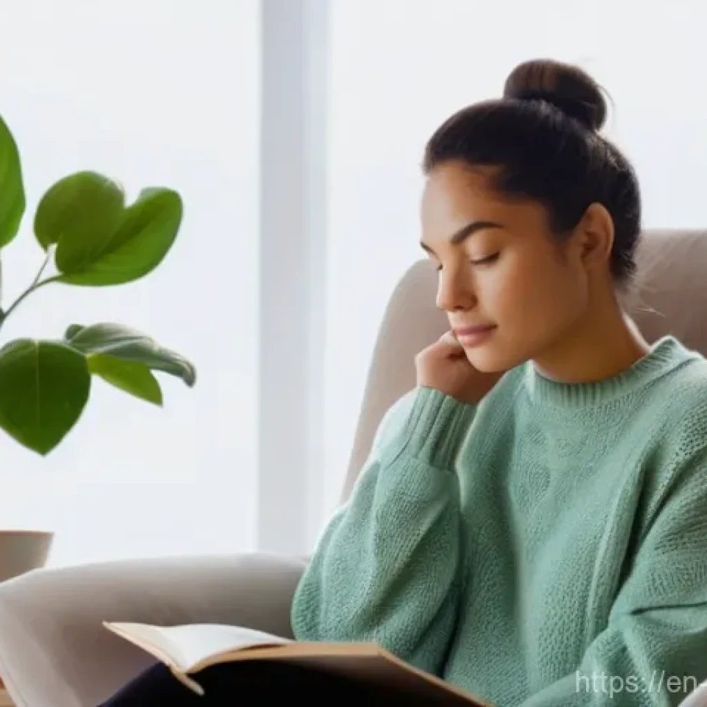 음악테라피사 직무 스트레스 관리 - **Prompt:** A serene, naturally lit indoor setting, perhaps a cozy home office or a quiet reading no...