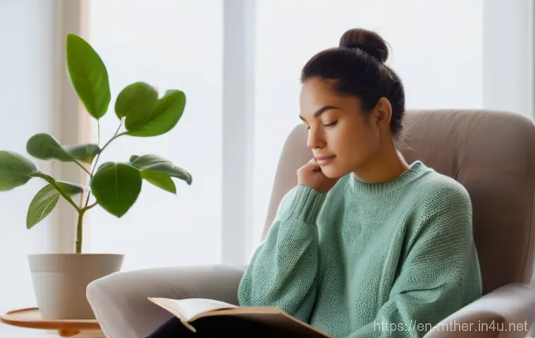 음악테라피사 직무 스트레스 관리 - **Prompt:** A serene, naturally lit indoor setting, perhaps a cozy home office or a quiet reading no...