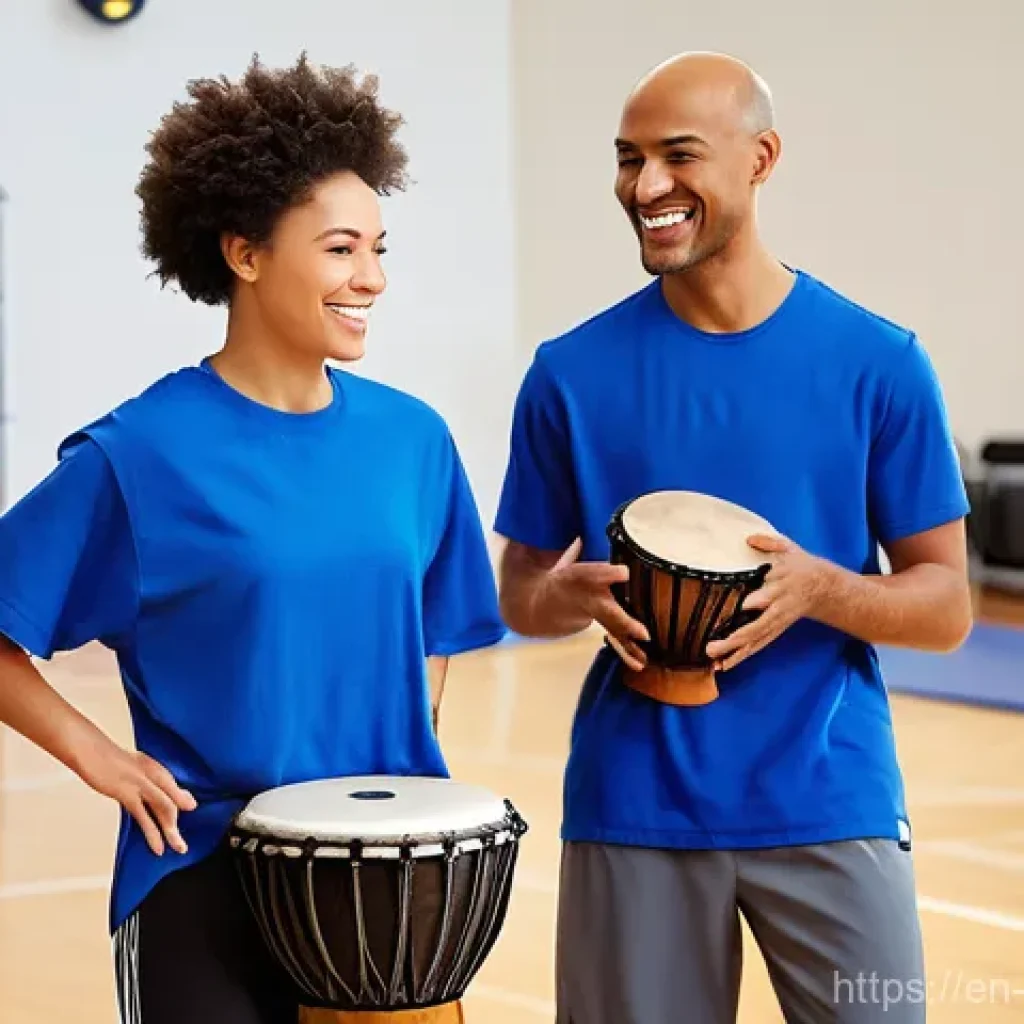 음악테라피사 직무 내용 - **Prompt: Rhythmic Rehabilitation for Motor Skills**
    A naturally lit, modern rehabilitation gymn...