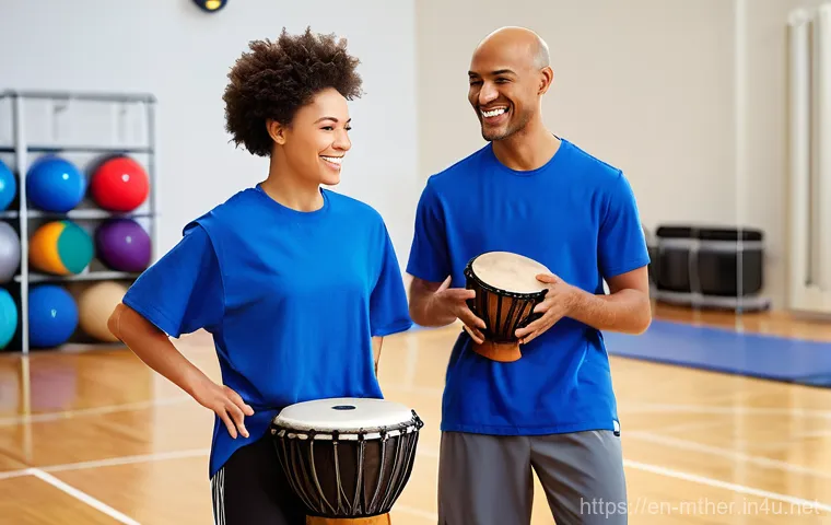 음악테라피사 직무 내용 - **Prompt: Rhythmic Rehabilitation for Motor Skills**
    A naturally lit, modern rehabilitation gymn...