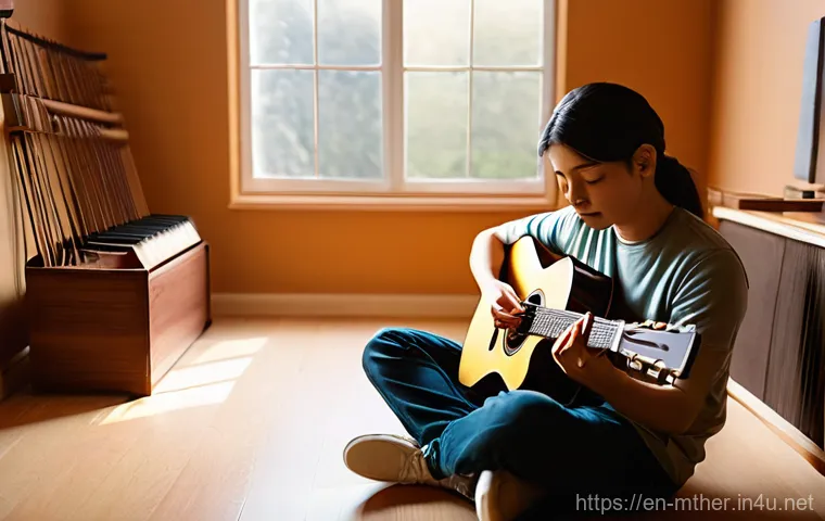 음악테라피사 임상 경험 - **Prompt:** A serene and warmly lit music therapy room. In the foreground, a young adult (mid-20s, g...
