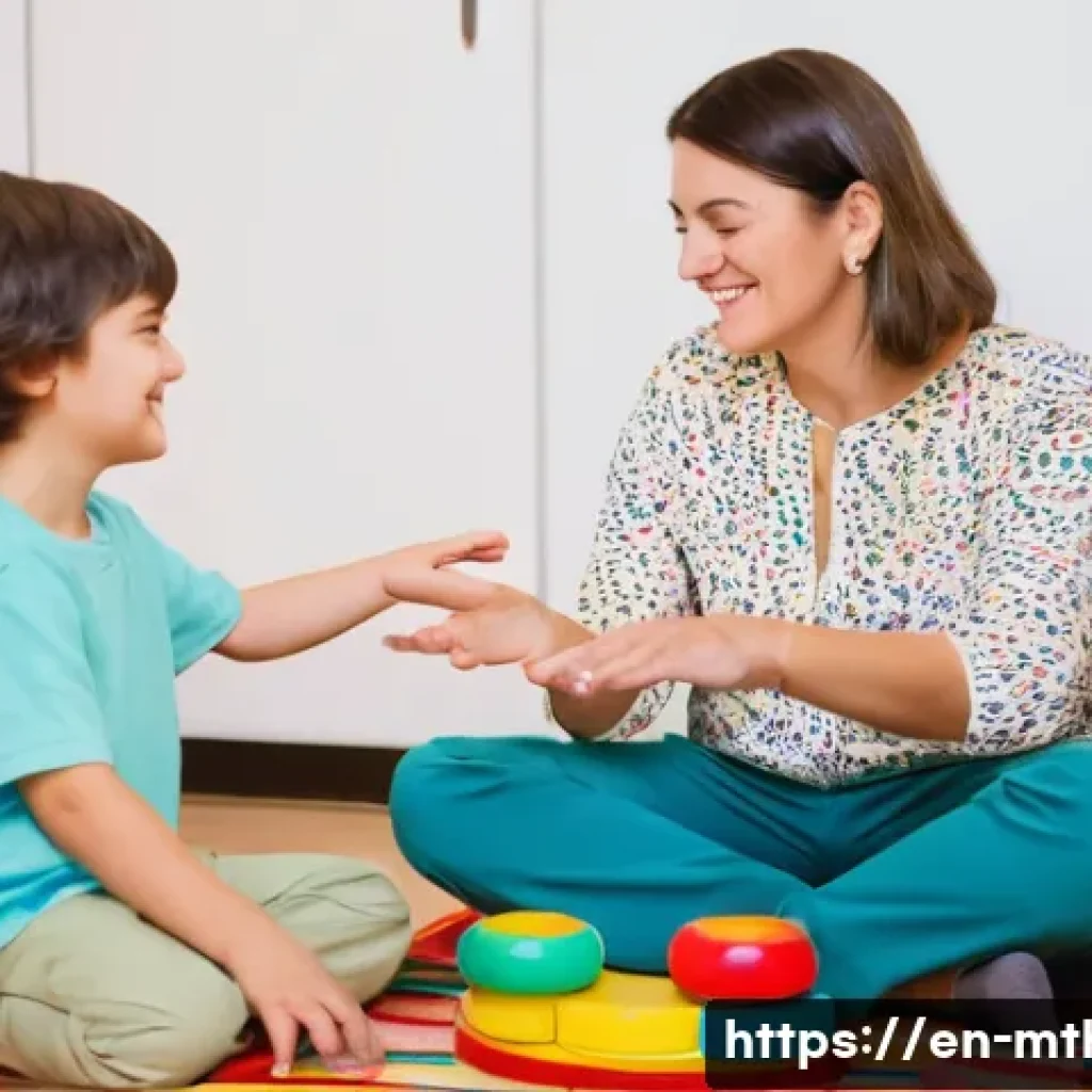 음악테라피사 직무 분석 방법 - **A Child's Breakthrough Moment:** A gentle, kind female music therapist, in her late 20s, wearing c...