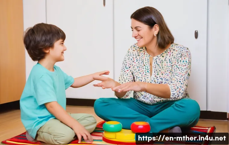 음악테라피사 직무 분석 방법 - **A Child's Breakthrough Moment:** A gentle, kind female music therapist, in her late 20s, wearing c...