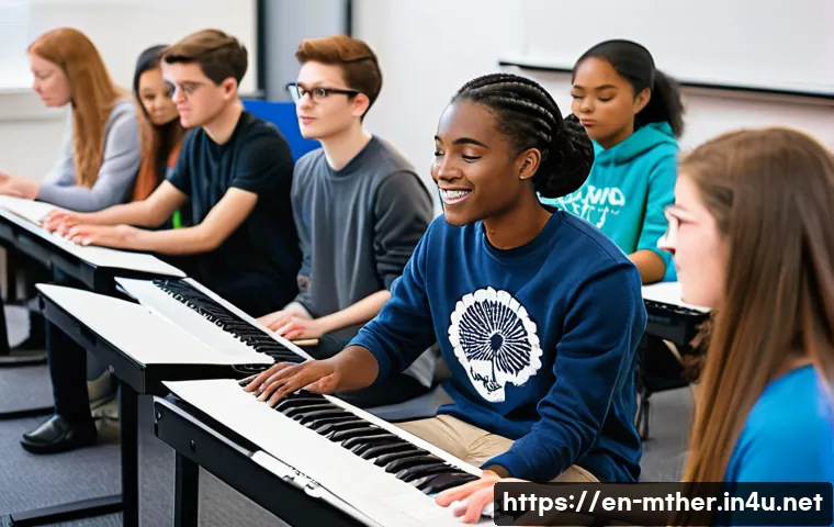 음악테라피사 취업 방법 - A diverse group of young adult music therapy students in a bright, modern university classroom, atte...