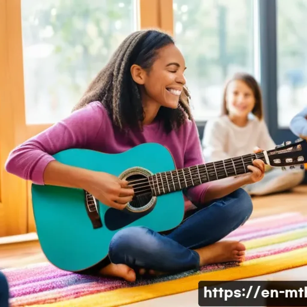 음악테라피사 전문가 커리어 개발 - A compassionate music therapist playing acoustic guitar while seated in a bright, welcoming therapy ...