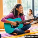 음악테라피사 전문가 커리어 개발 - A compassionate music therapist playing acoustic guitar while seated in a bright, welcoming therapy ...
