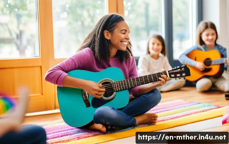 음악테라피사 전문가 커리어 개발 - A compassionate music therapist playing acoustic guitar while seated in a bright, welcoming therapy ...