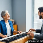 음악테라피사 연봉 증가 방법 - A professional music therapist in a modern private practice office, warmly interacting with a middle...