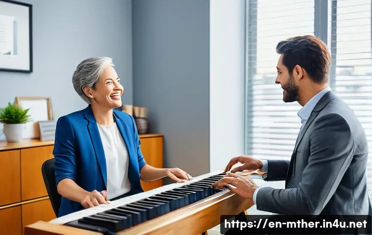음악테라피사 연봉 증가 방법 - A professional music therapist in a modern private practice office, warmly interacting with a middle...
