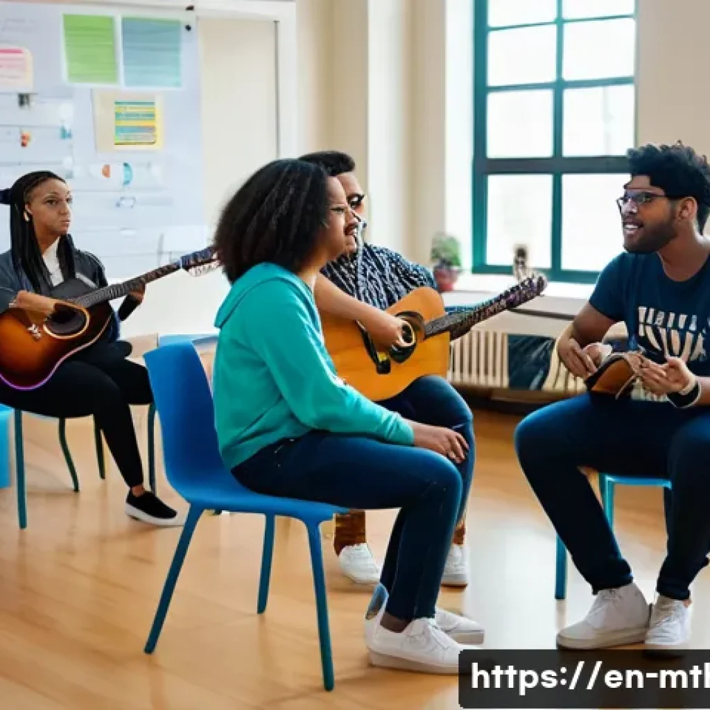 음악테라피사 자격증 취득 일정 - A diverse group of college students in a bright, modern university classroom engaged in a music ther...
