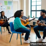 음악테라피사 자격증 취득 일정 - A diverse group of college students in a bright, modern university classroom engaged in a music ther...