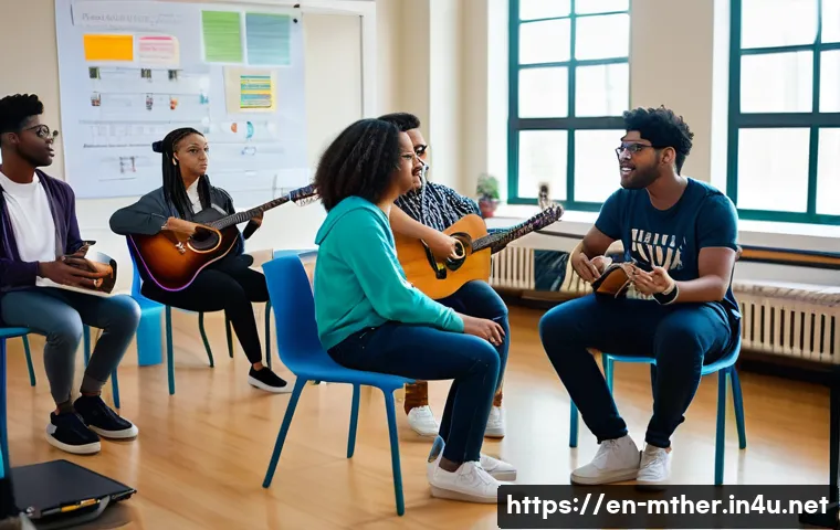 음악테라피사 자격증 취득 일정 - A diverse group of college students in a bright, modern university classroom engaged in a music ther...