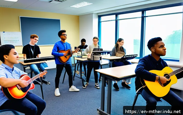 음악테라피사 전문 자격증 - A diverse group of college students engaged in a music therapy class inside a modern university clas...