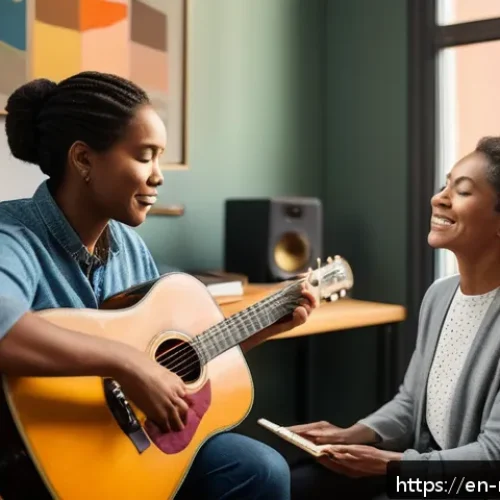 음악테라피사 전문성 향상 - A compassionate music therapist attentively listening to a diverse adult client during a session, bo...