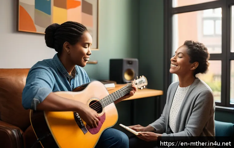 음악테라피사 전문성 향상 - A compassionate music therapist attentively listening to a diverse adult client during a session, bo...