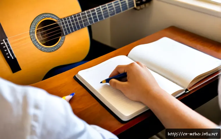음악테라피사 업무일지 작성법 - Photorealistic music therapist at a calm community wellness center desk, carefully completing a clie...