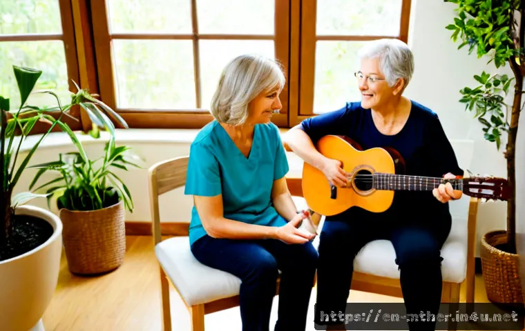 음악테라피사 치료 세션 - Photorealistic music therapy session in a welcoming sunlit clinic room, compassionate female therapi...
